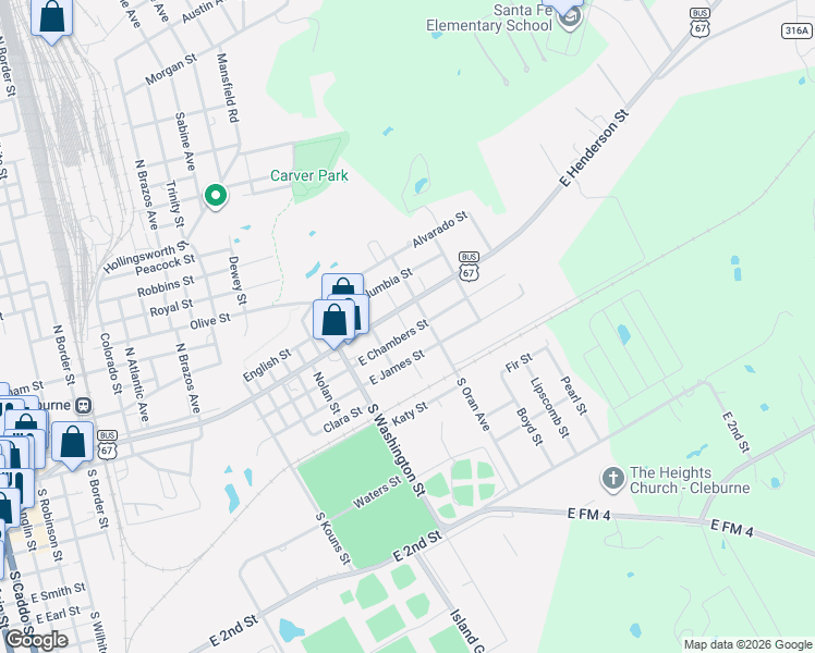 map of restaurants, bars, coffee shops, grocery stores, and more near 1222 East Chambers Street in Cleburne