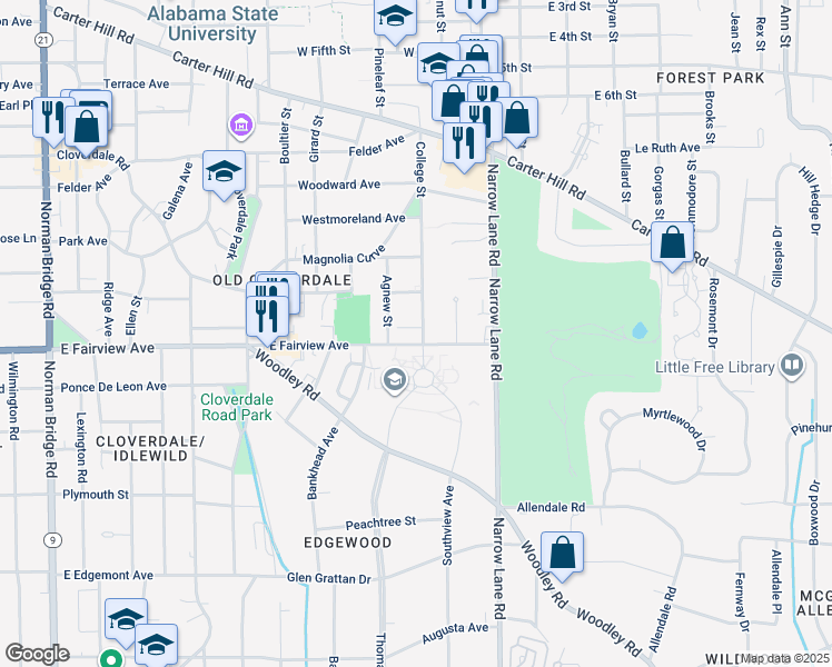 map of restaurants, bars, coffee shops, grocery stores, and more near 1421 East Fairview Avenue in Montgomery