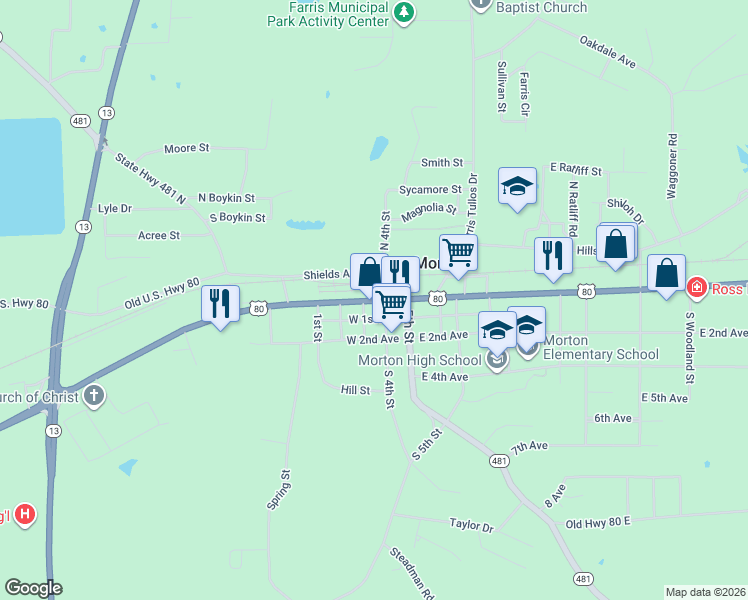 map of restaurants, bars, coffee shops, grocery stores, and more near 4581 U.S. 80 in Morton
