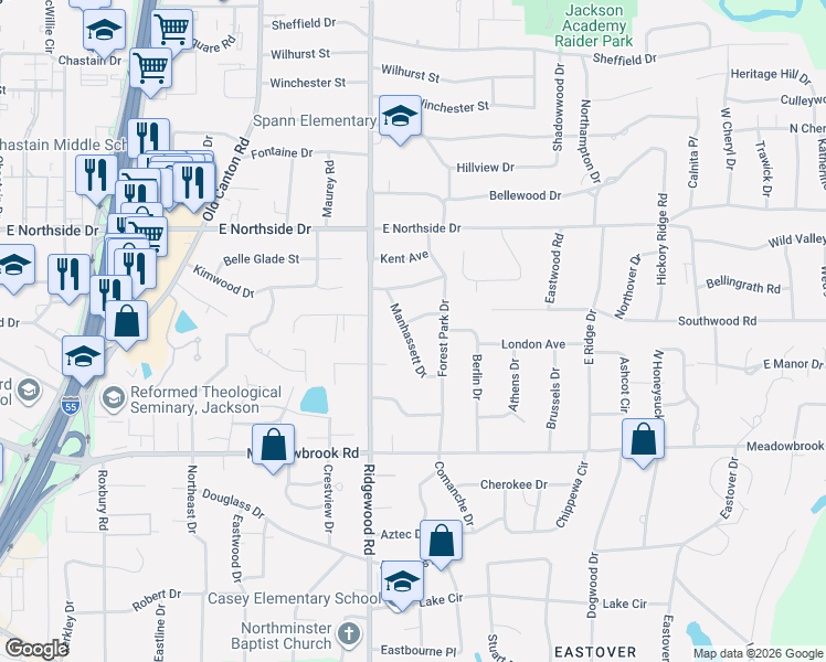 map of restaurants, bars, coffee shops, grocery stores, and more near 4335 Forest Park Drive in Jackson