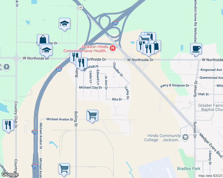 map of restaurants, bars, coffee shops, grocery stores, and more near 118 Michael Clay Court in Jackson