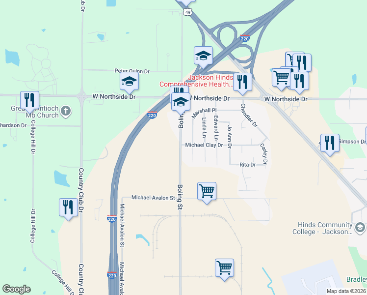 map of restaurants, bars, coffee shops, grocery stores, and more near 1826 Boling Street in Jackson