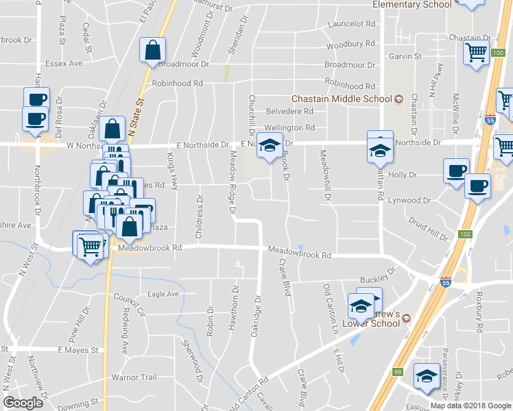 map of restaurants, bars, coffee shops, grocery stores, and more near 735 Gardner Street in Jackson