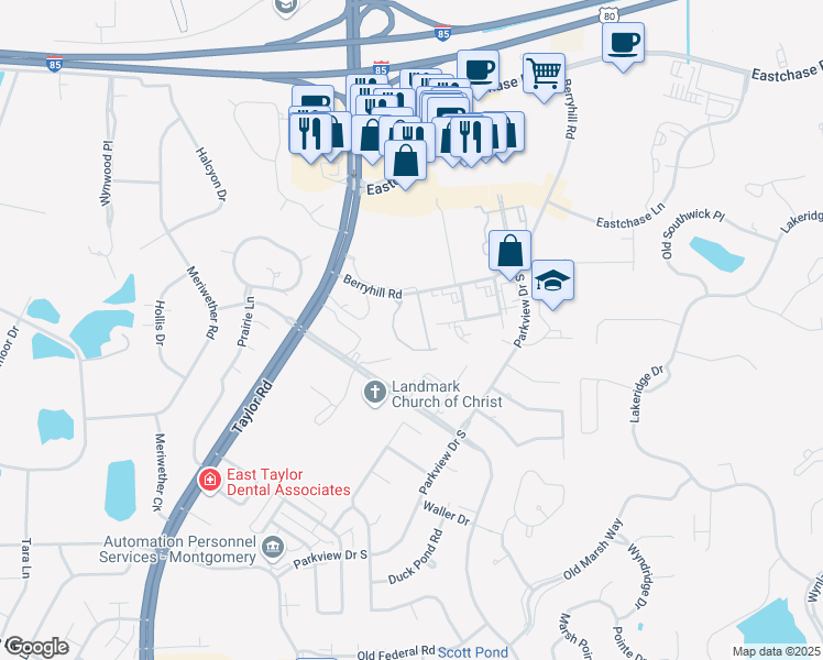 map of restaurants, bars, coffee shops, grocery stores, and more near 1850 Berryhill Road in Montgomery