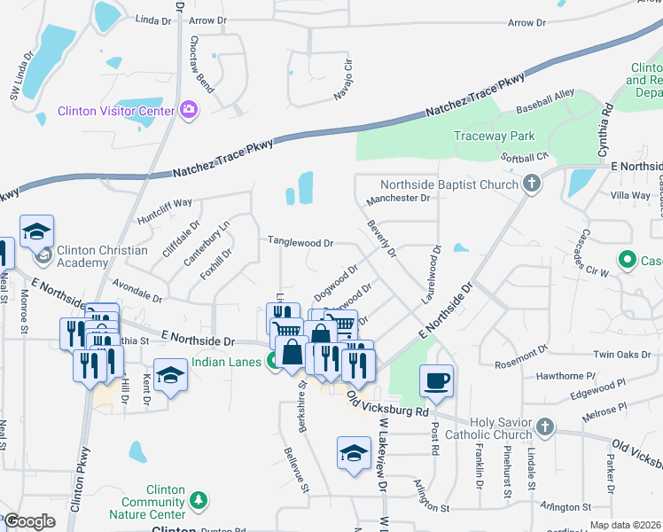 map of restaurants, bars, coffee shops, grocery stores, and more near 1008 Dogwood Drive in Clinton