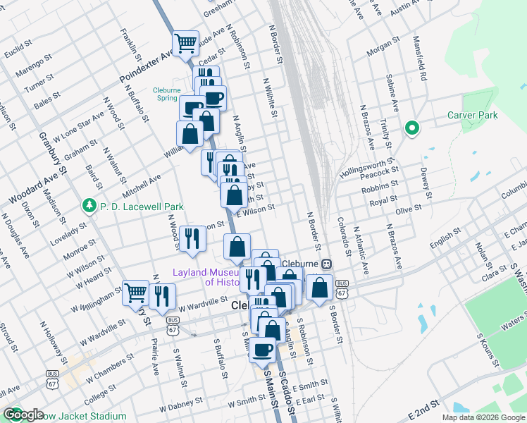 map of restaurants, bars, coffee shops, grocery stores, and more near 506 North Anglin Street in Cleburne