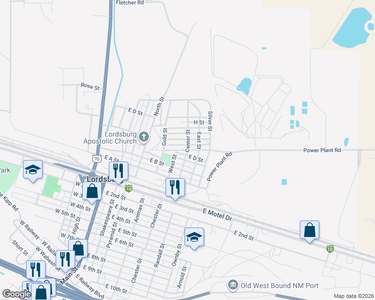 map of restaurants, bars, coffee shops, grocery stores, and more near East E Street in Lordsburg