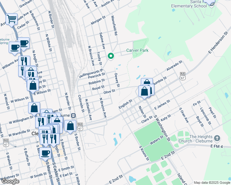 map of restaurants, bars, coffee shops, grocery stores, and more near 502 Olive Street in Cleburne