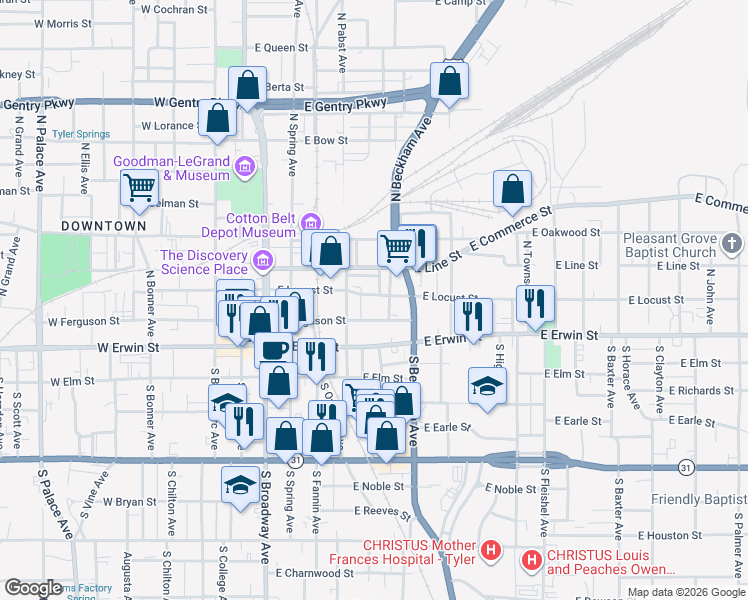 map of restaurants, bars, coffee shops, grocery stores, and more near 416 E Ferguson St in Tyler