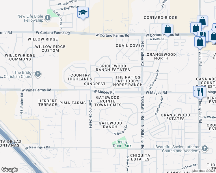 map of restaurants, bars, coffee shops, grocery stores, and more near 4465 West Rose Mist Way in Tucson