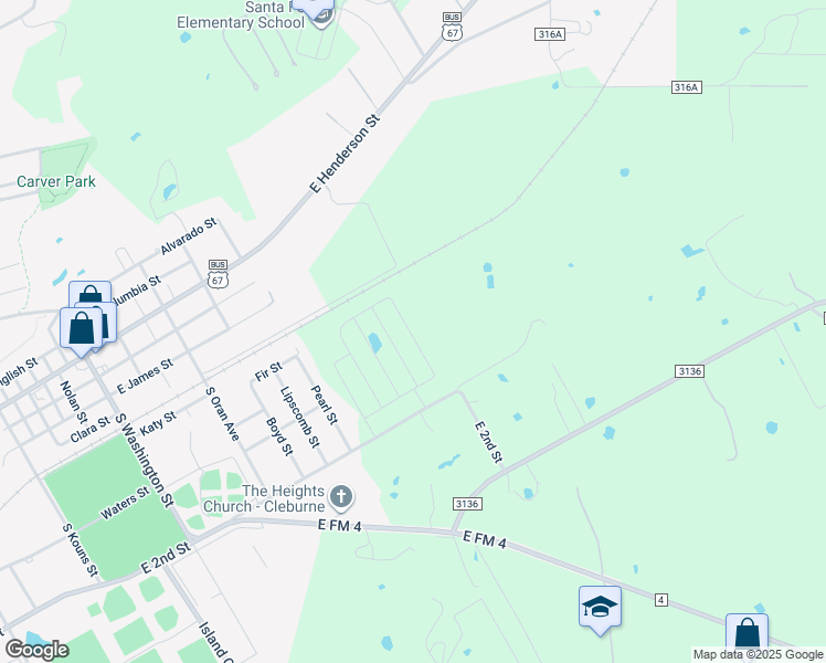 map of restaurants, bars, coffee shops, grocery stores, and more near 1637 East 2nd Street in Cleburne