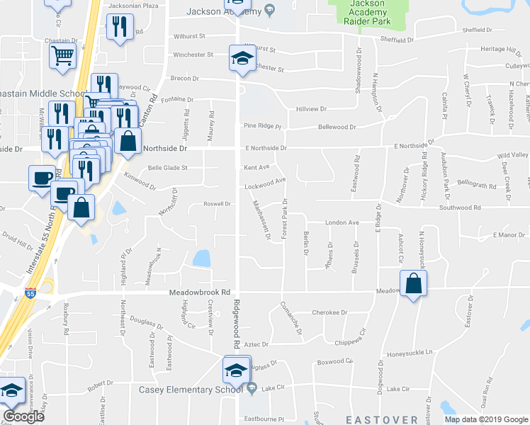 map of restaurants, bars, coffee shops, grocery stores, and more near 4335 Forest Park Drive in Jackson