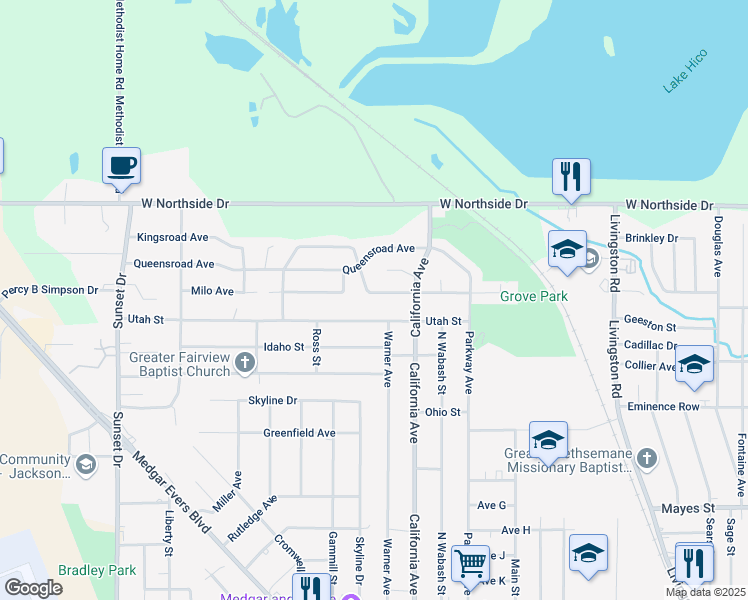 map of restaurants, bars, coffee shops, grocery stores, and more near 2212 Utah Street in Jackson