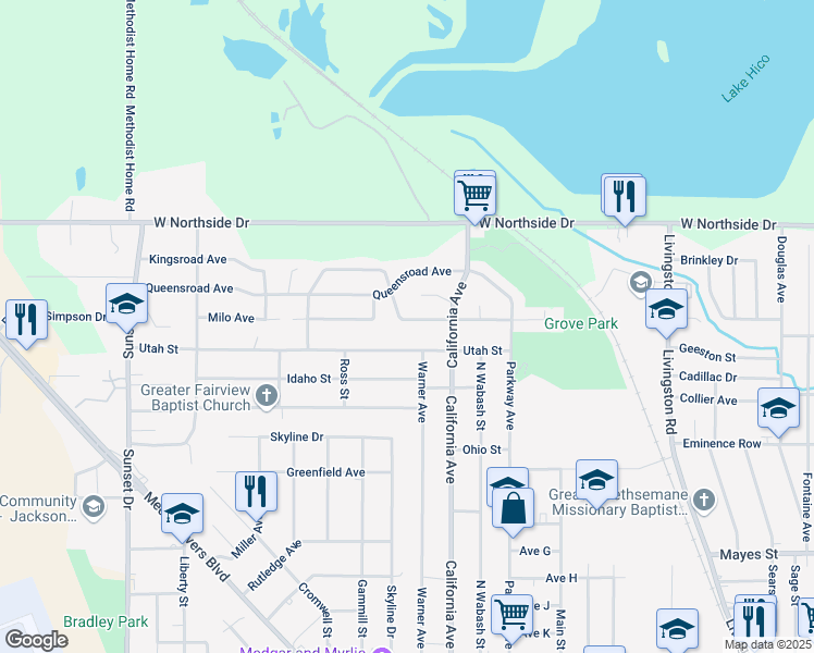 map of restaurants, bars, coffee shops, grocery stores, and more near 2212 Utah Street in Jackson