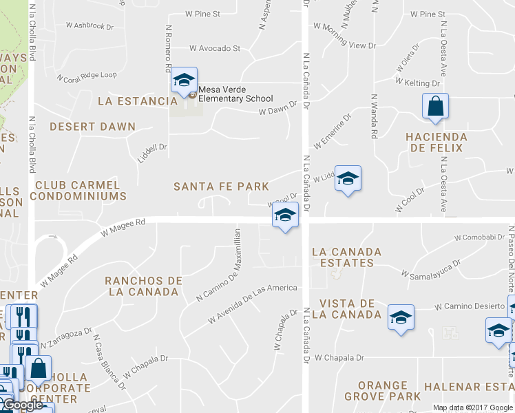 map of restaurants, bars, coffee shops, grocery stores, and more near 1519 West Cool Drive in Tucson
