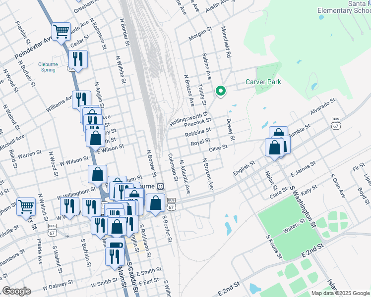 map of restaurants, bars, coffee shops, grocery stores, and more near 203 Olive Street in Cleburne