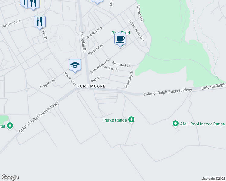 map of restaurants, bars, coffee shops, grocery stores, and more near 2525 Dixie Road in Fort Benning