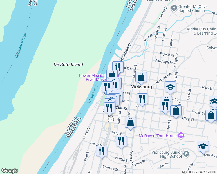 map of restaurants, bars, coffee shops, grocery stores, and more near 500 Grove Street in Vicksburg