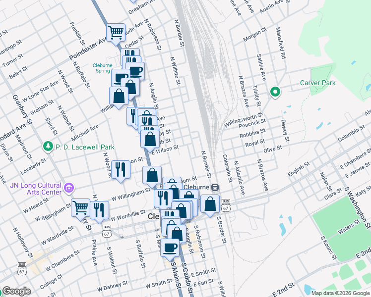 map of restaurants, bars, coffee shops, grocery stores, and more near 421 North Wilhite Street in Cleburne