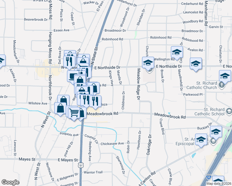 map of restaurants, bars, coffee shops, grocery stores, and more near 4562 Kings Highway in Jackson