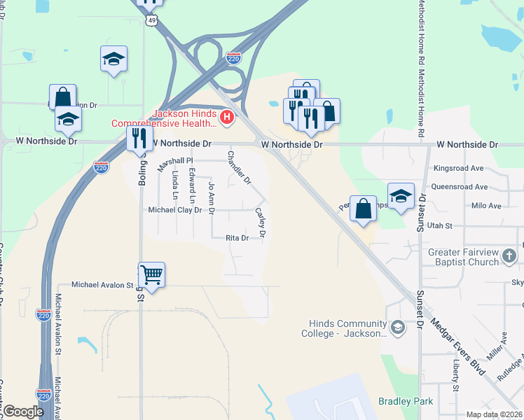 map of restaurants, bars, coffee shops, grocery stores, and more near 3475 Carley Drive in Jackson