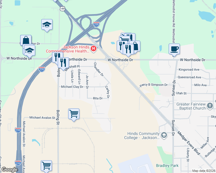 map of restaurants, bars, coffee shops, grocery stores, and more near 3475 Carley Drive in Jackson