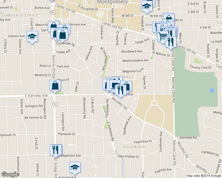 map of restaurants, bars, coffee shops, grocery stores, and more near 3000 Cloverdale Road in Montgomery