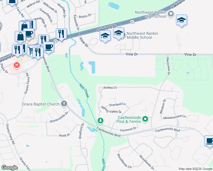 map of restaurants, bars, coffee shops, grocery stores, and more near 250 Azalea Court in Brandon