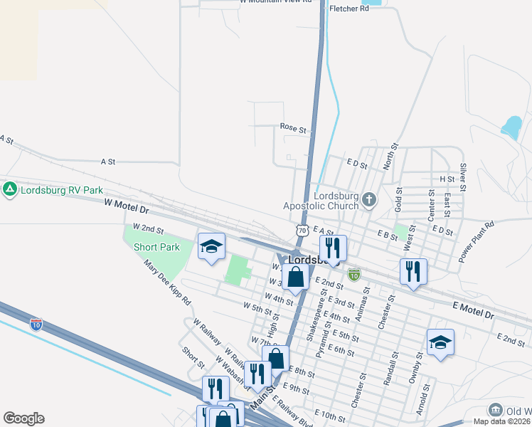 map of restaurants, bars, coffee shops, grocery stores, and more near West Street in Lordsburg