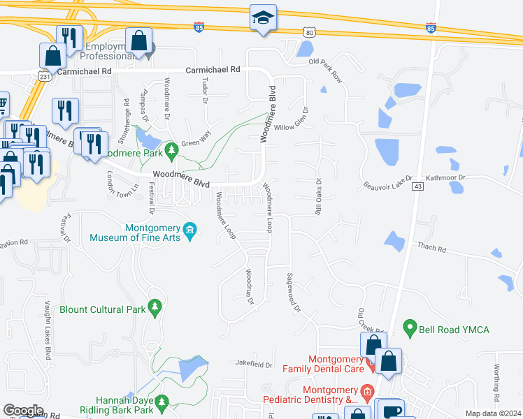 map of restaurants, bars, coffee shops, grocery stores, and more near 6029 Bolingbrook Drive in Montgomery