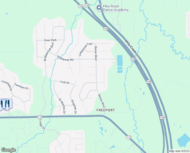 map of restaurants, bars, coffee shops, grocery stores, and more near 603 Lorena Court in Pike Road