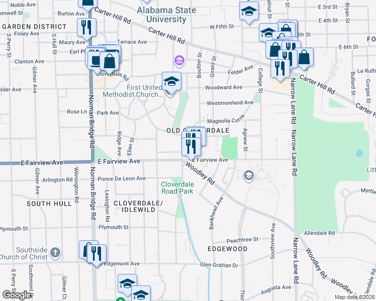 map of restaurants, bars, coffee shops, grocery stores, and more near 3000 Cloverdale Road in Montgomery