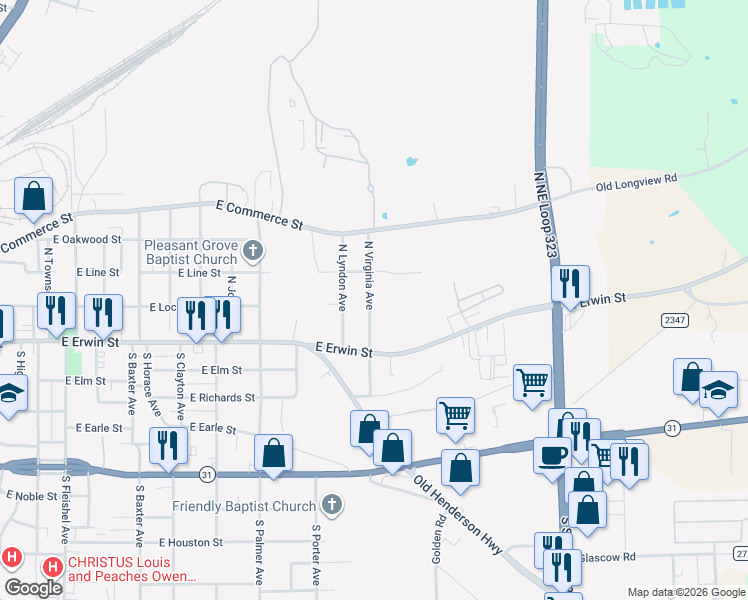 map of restaurants, bars, coffee shops, grocery stores, and more near 137 North Virginia Avenue in Tyler