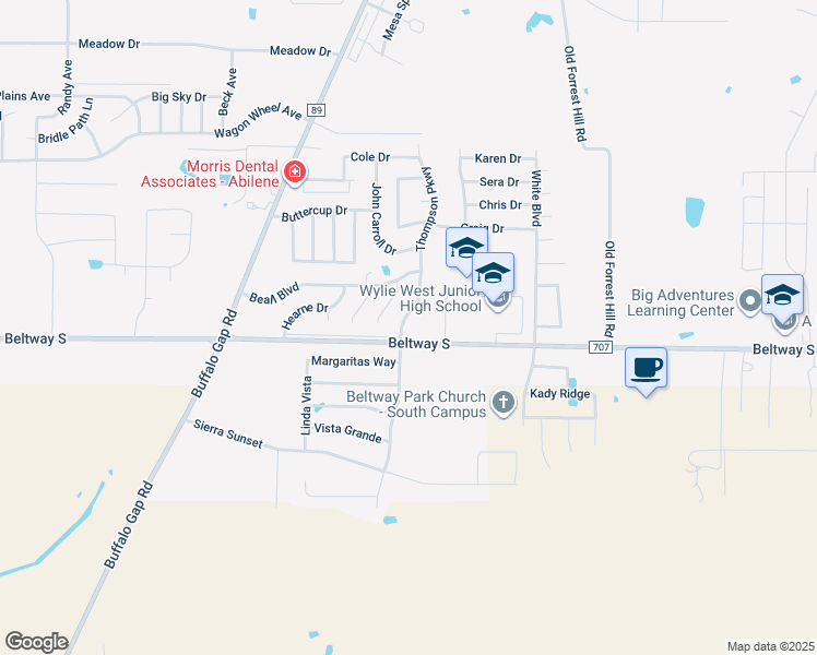 map of restaurants, bars, coffee shops, grocery stores, and more near 8025 Thompson Parkway in Abilene