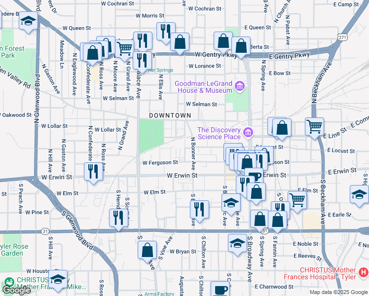 map of restaurants, bars, coffee shops, grocery stores, and more near 408 North Border Avenue in Tyler