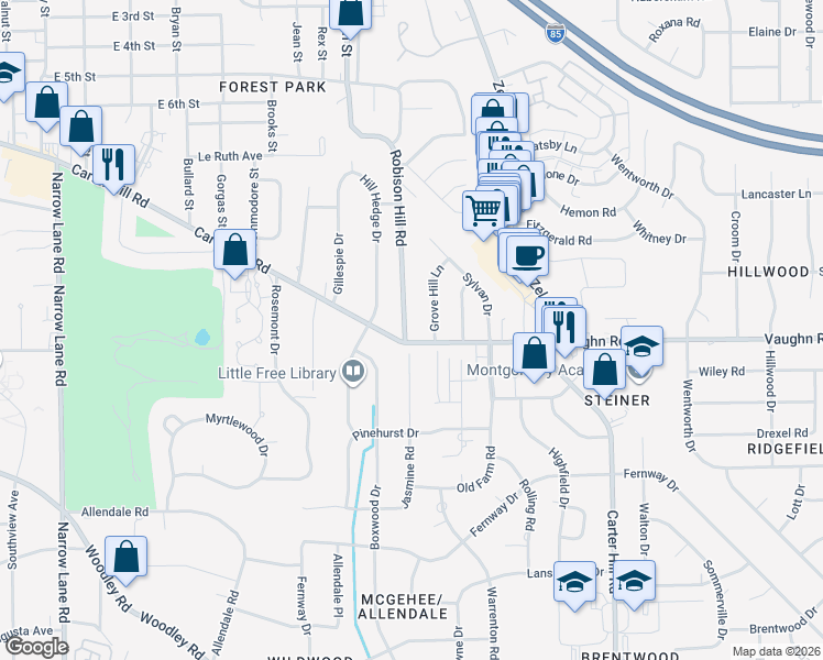 map of restaurants, bars, coffee shops, grocery stores, and more near 1887 Robison Hill Road in Montgomery