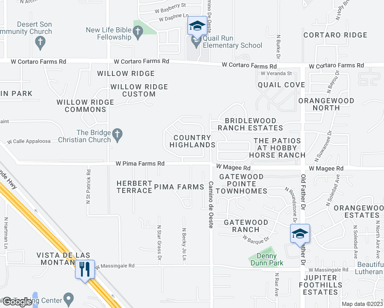 map of restaurants, bars, coffee shops, grocery stores, and more near 7986 North Jewelflower Drive in Tucson