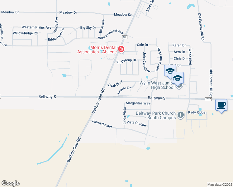 map of restaurants, bars, coffee shops, grocery stores, and more near 8082 Hearne Drive in Abilene