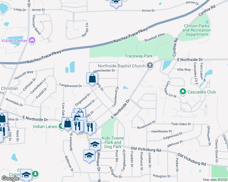 map of restaurants, bars, coffee shops, grocery stores, and more near 1213 Dogwood Drive in Clinton