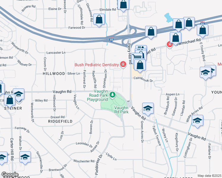 map of restaurants, bars, coffee shops, grocery stores, and more near 1712 Windsor Hill Lane in Montgomery