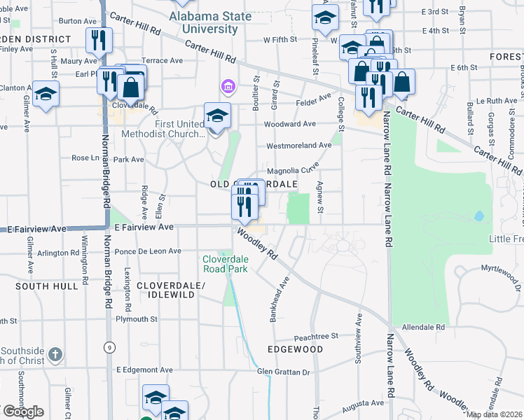 map of restaurants, bars, coffee shops, grocery stores, and more near 2727 Boultier Street in Montgomery