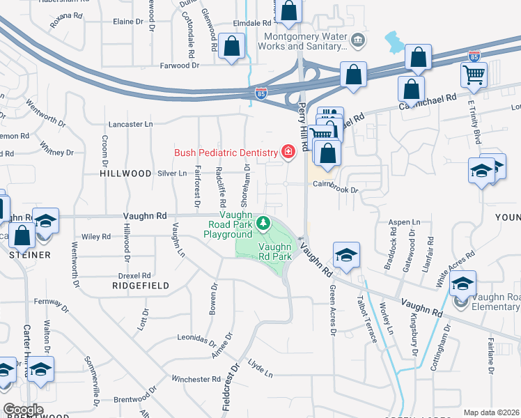 map of restaurants, bars, coffee shops, grocery stores, and more near 1712 Windsor Hill Lane in Montgomery