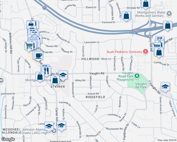 map of restaurants, bars, coffee shops, grocery stores, and more near 1813 Hillwood Drive in Montgomery