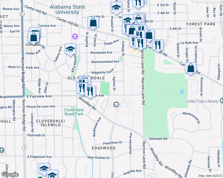 map of restaurants, bars, coffee shops, grocery stores, and more near 2524 Agnew Street in Montgomery