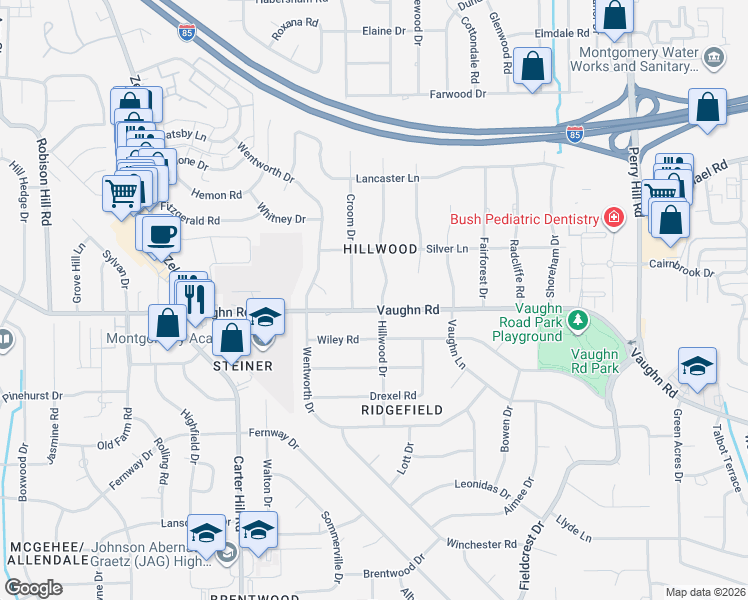map of restaurants, bars, coffee shops, grocery stores, and more near 1813 Hillwood Drive in Montgomery