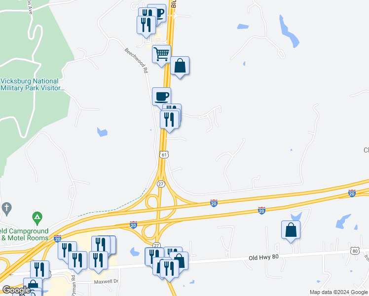 map of restaurants, bars, coffee shops, grocery stores, and more near 105 Keystone Cir in Vicksburg
