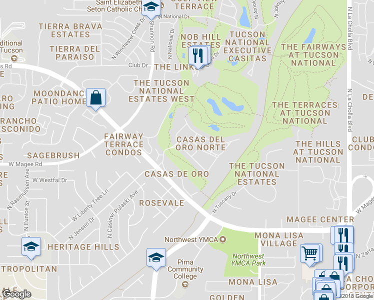 map of restaurants, bars, coffee shops, grocery stores, and more near 8000 North Casas Place in Tucson
