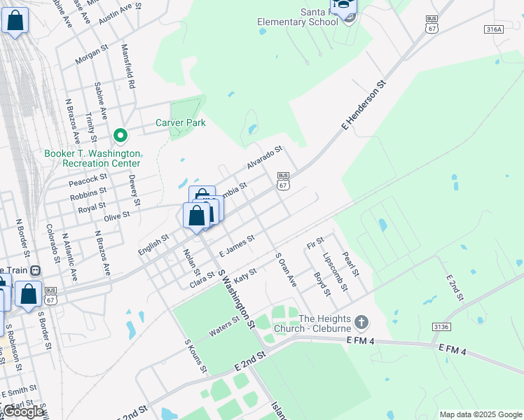 map of restaurants, bars, coffee shops, grocery stores, and more near 1305 East Chambers Street in Cleburne