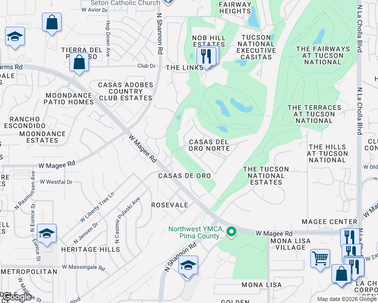 map of restaurants, bars, coffee shops, grocery stores, and more near 2775 West Casas Circle in Tucson