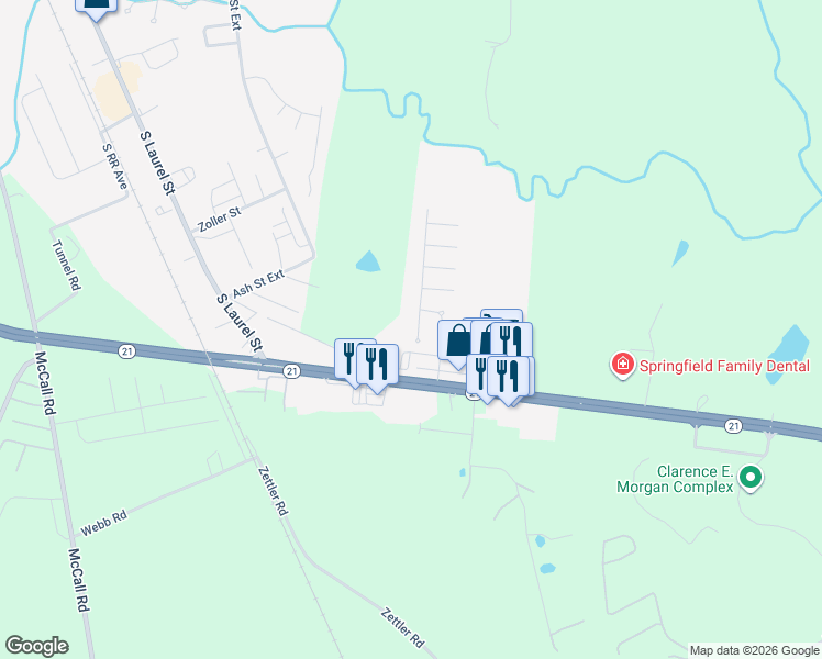 map of restaurants, bars, coffee shops, grocery stores, and more near 117 Ebenezer Bluff Road in Springfield